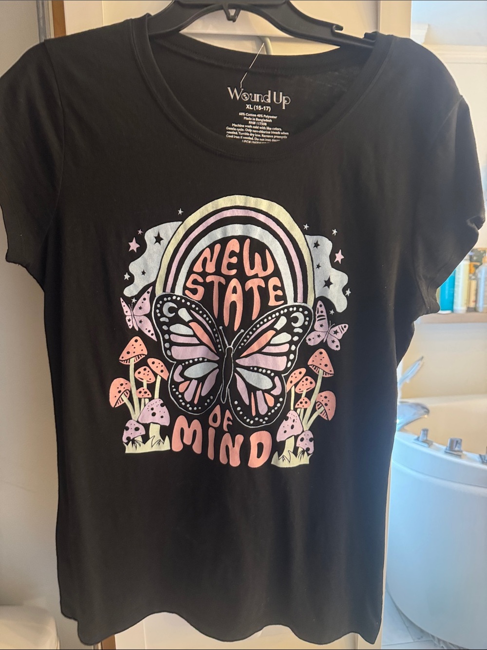 Wound Up Black Tee with Pastel Butterfly and Rainbow Graphic L/XL